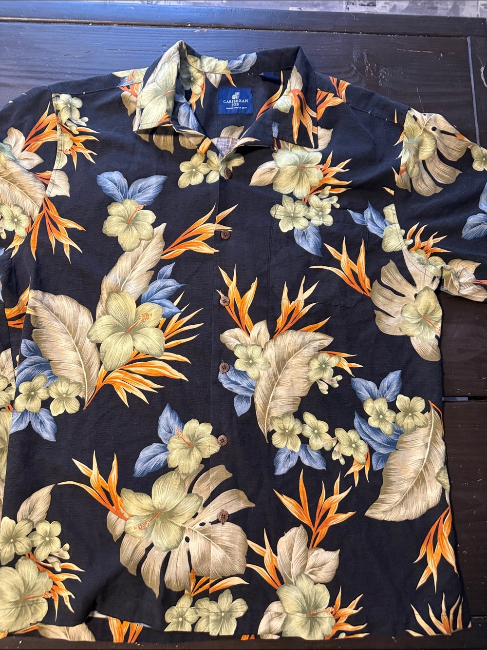 Caribbean Joe Black Tropical Floral Button-Down Camp Shirt
